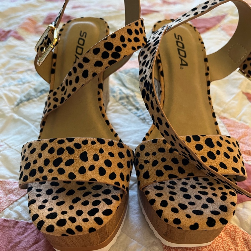 SODA leopard, cheetah, animal print sandals wedges